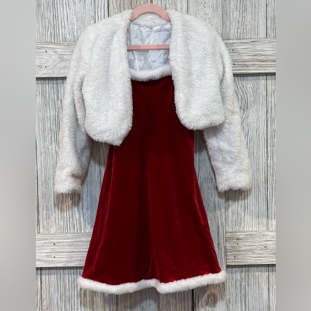 Elegant Red and White Kids Dress with Faux Fur Bolero Sz 7 Girls